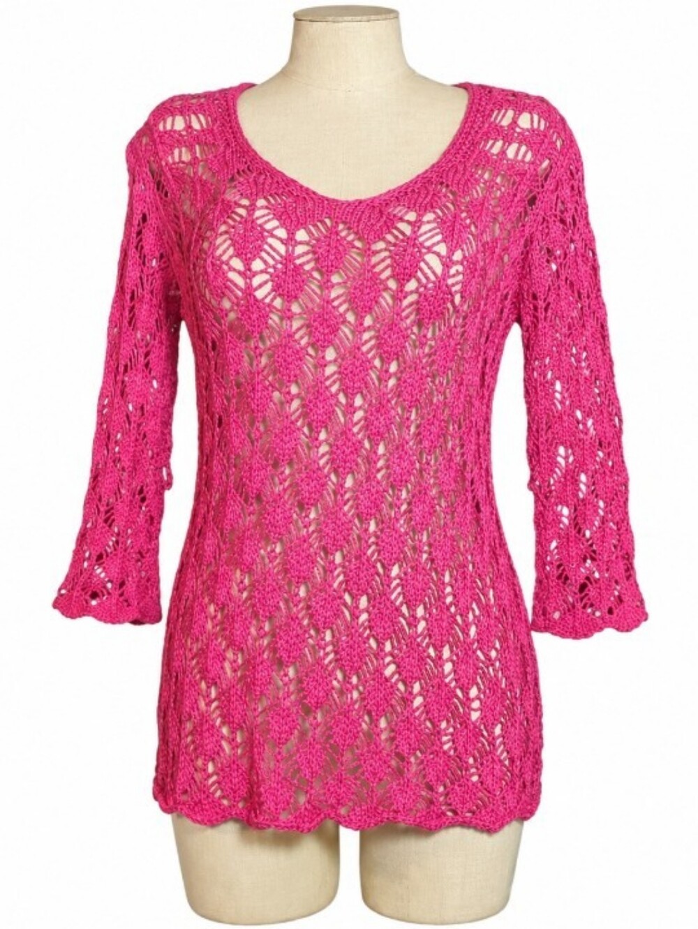 Joseph Ribkoff Hot Pink Crochet Tunic Sweater  Size S Y2K Boho Beach Cover Up